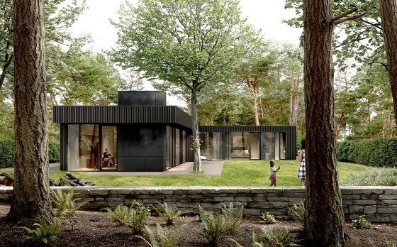 Minimalistisches Ferienhaus am Darss mit großzügiger Glasfassade und vorvergrauter Holzfassade aus Lärche von Bonauer Bölling Architekten, Berlin.