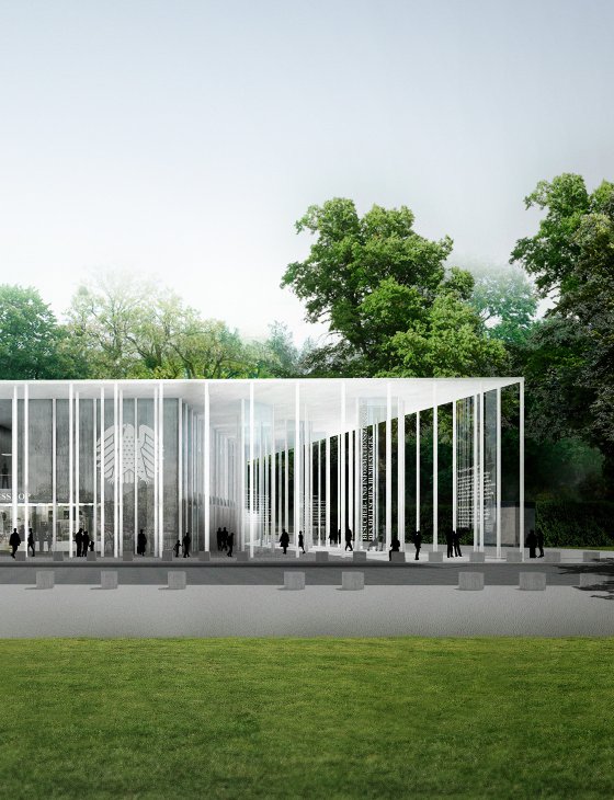 Blick vom Platz der Republik auf den Eingangsbereich. Wettbewerb BIZ Besucher- und Informationszentrum Deutscher Bundestag. 2DPlus / BBPA / Bonauer Boelling Architekten